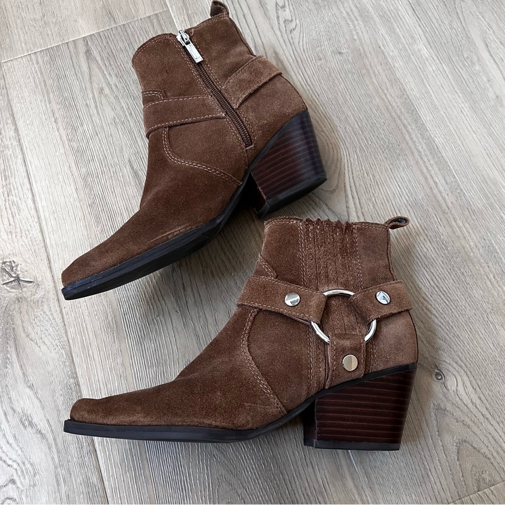 Marc Fisher Brown Suede Ankle Booties with Silver Hardware